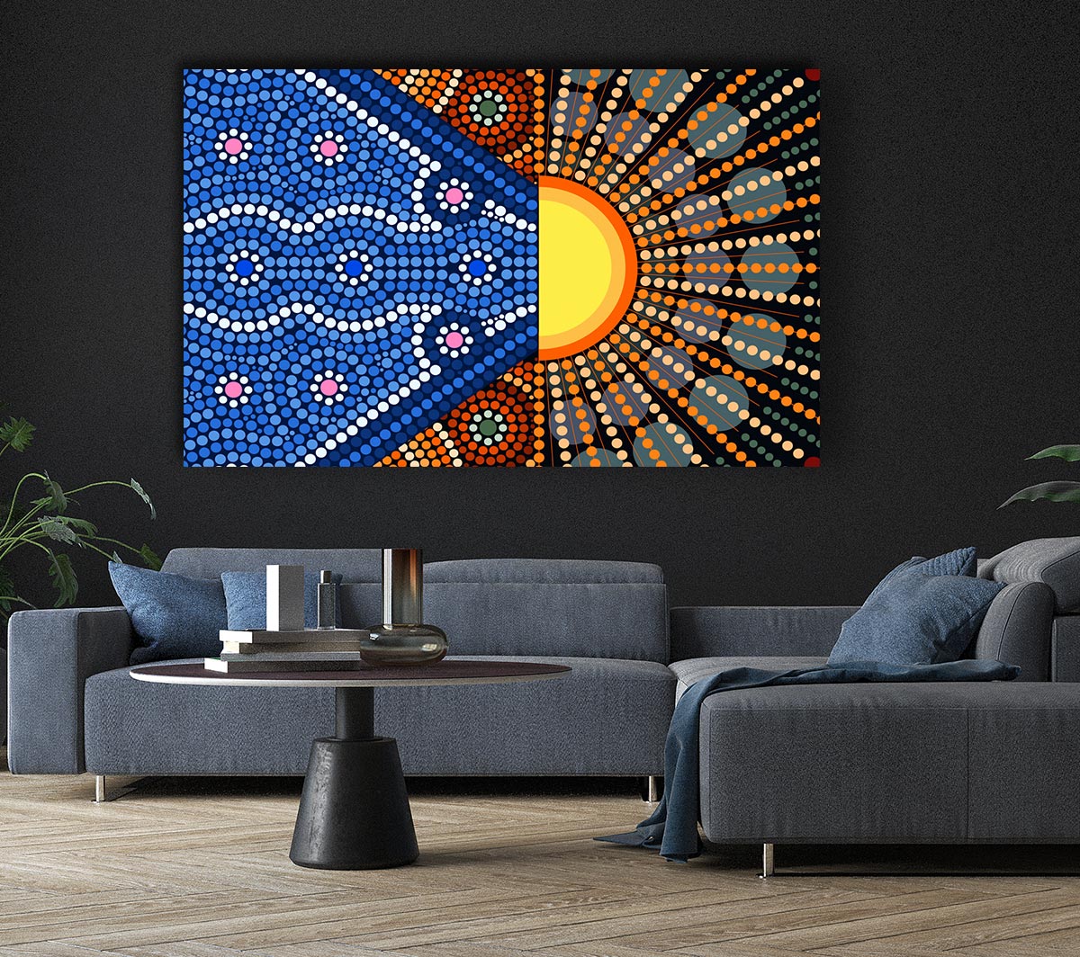 Aboriginal Pattern 9 canvas art mounted on a 44mm box frame, showcasing vibrant colors and intricate designs.