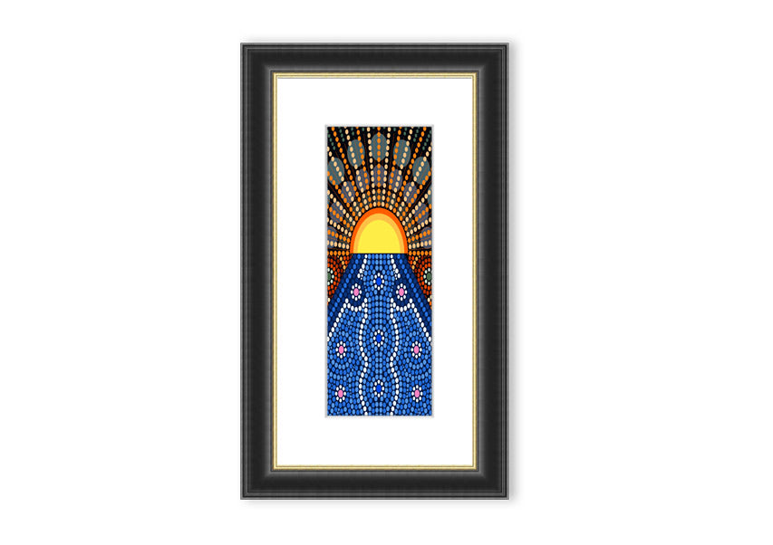 Framed Aboriginal Pattern 9 print showcasing intricate designs, available in various frame colors.