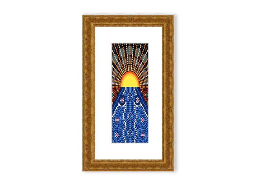 Framed Aboriginal Pattern 9 print showcasing intricate designs, available in various frame colors.