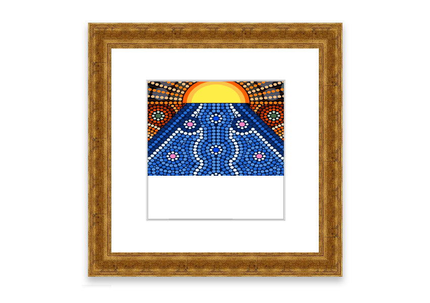 Framed Aboriginal Pattern 9 print showcasing intricate designs, available in various frame colors.