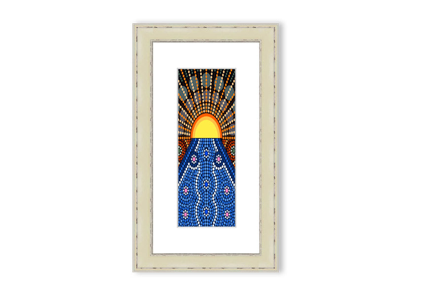 Framed Aboriginal Pattern 9 print showcasing intricate designs, available in various frame colors.