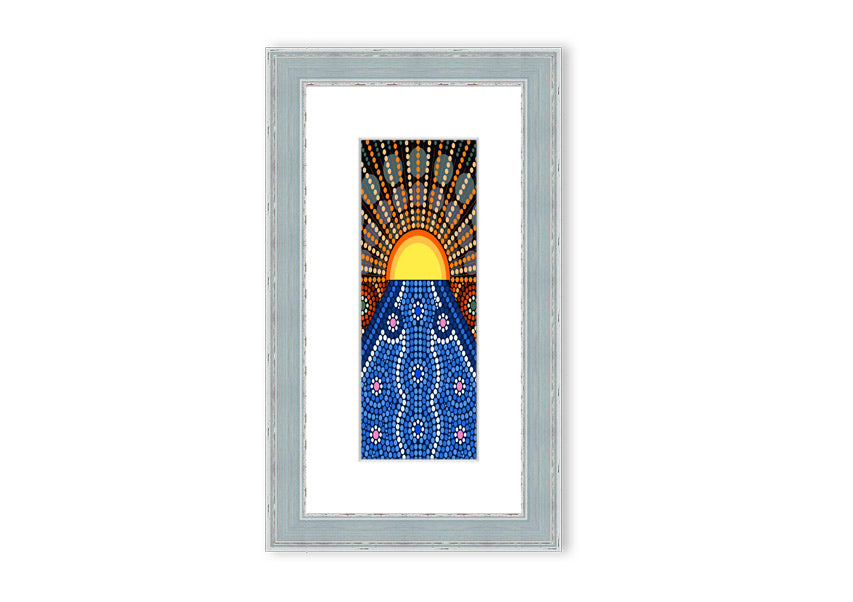 Framed Aboriginal Pattern 9 print showcasing intricate designs, available in various frame colors.