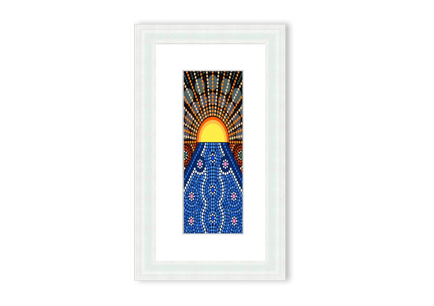 Framed Aboriginal Pattern 9 print showcasing intricate designs, available in various frame colors.