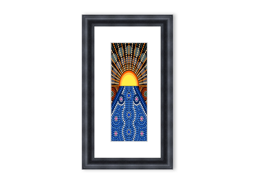 Framed Aboriginal Pattern 9 print showcasing intricate designs, available in various frame colors.