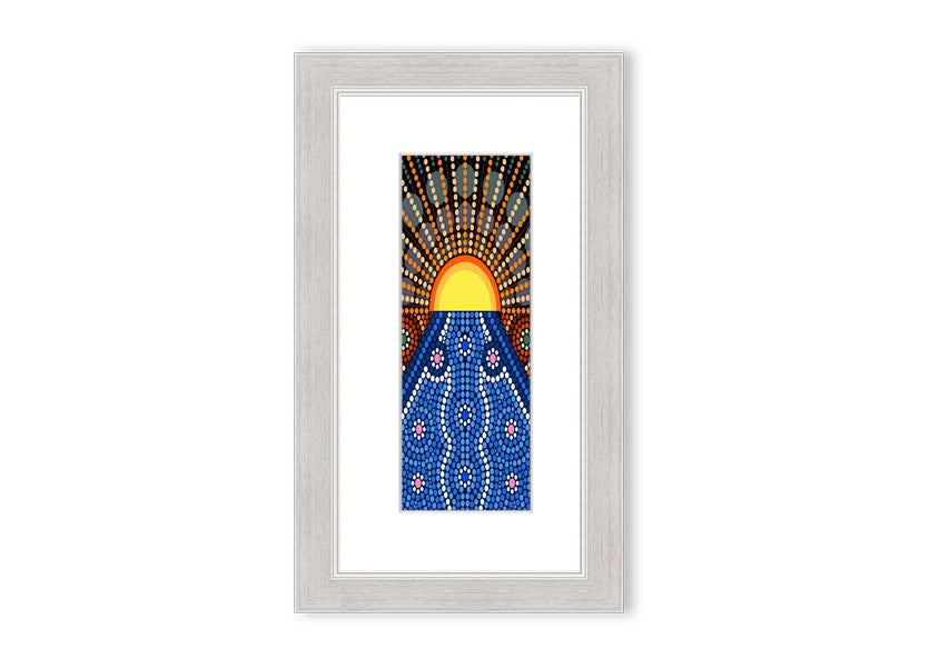 Framed Aboriginal Pattern 9 print showcasing intricate designs, available in various frame colors.