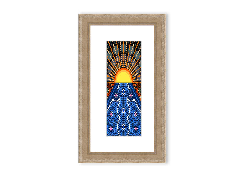 Framed Aboriginal Pattern 9 print showcasing intricate designs, available in various frame colors.