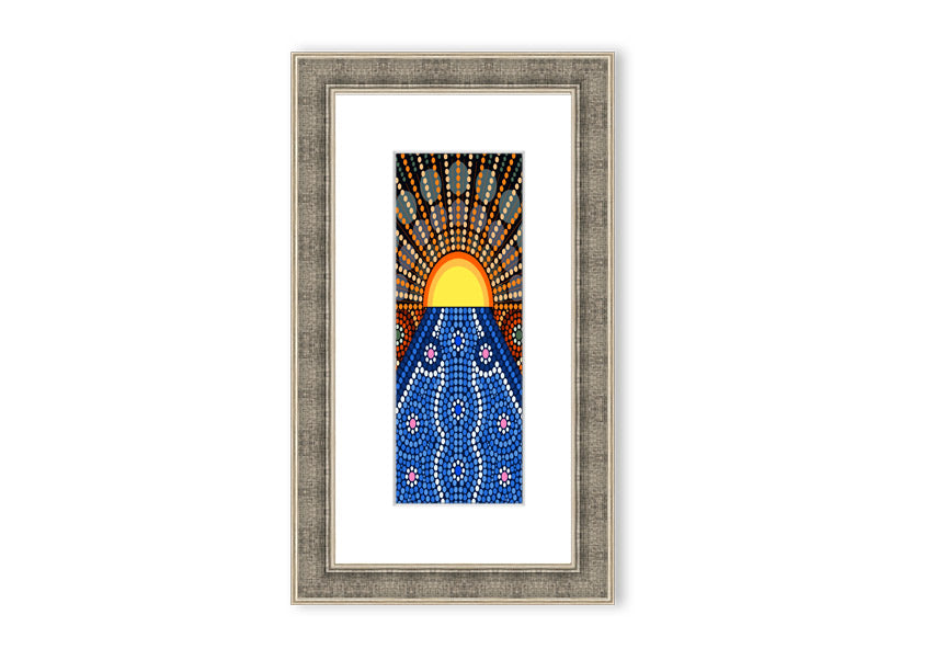 Framed Aboriginal Pattern 9 print showcasing intricate designs, available in various frame colors.