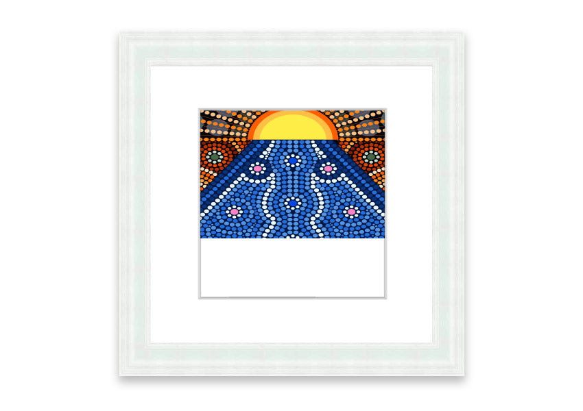 Framed Aboriginal Pattern 9 print showcasing intricate designs, available in various frame colors.