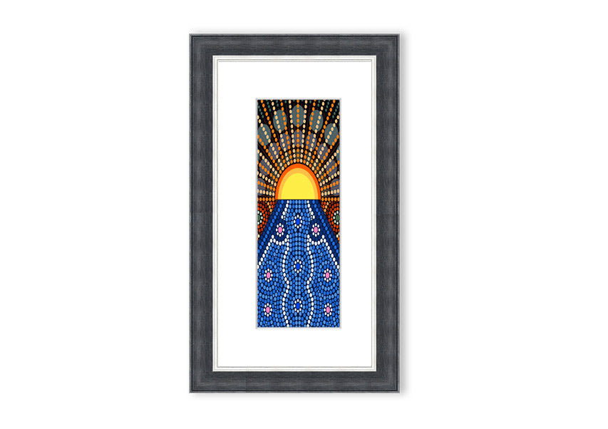 Framed Aboriginal Pattern 9 print showcasing intricate designs, available in various frame colors.