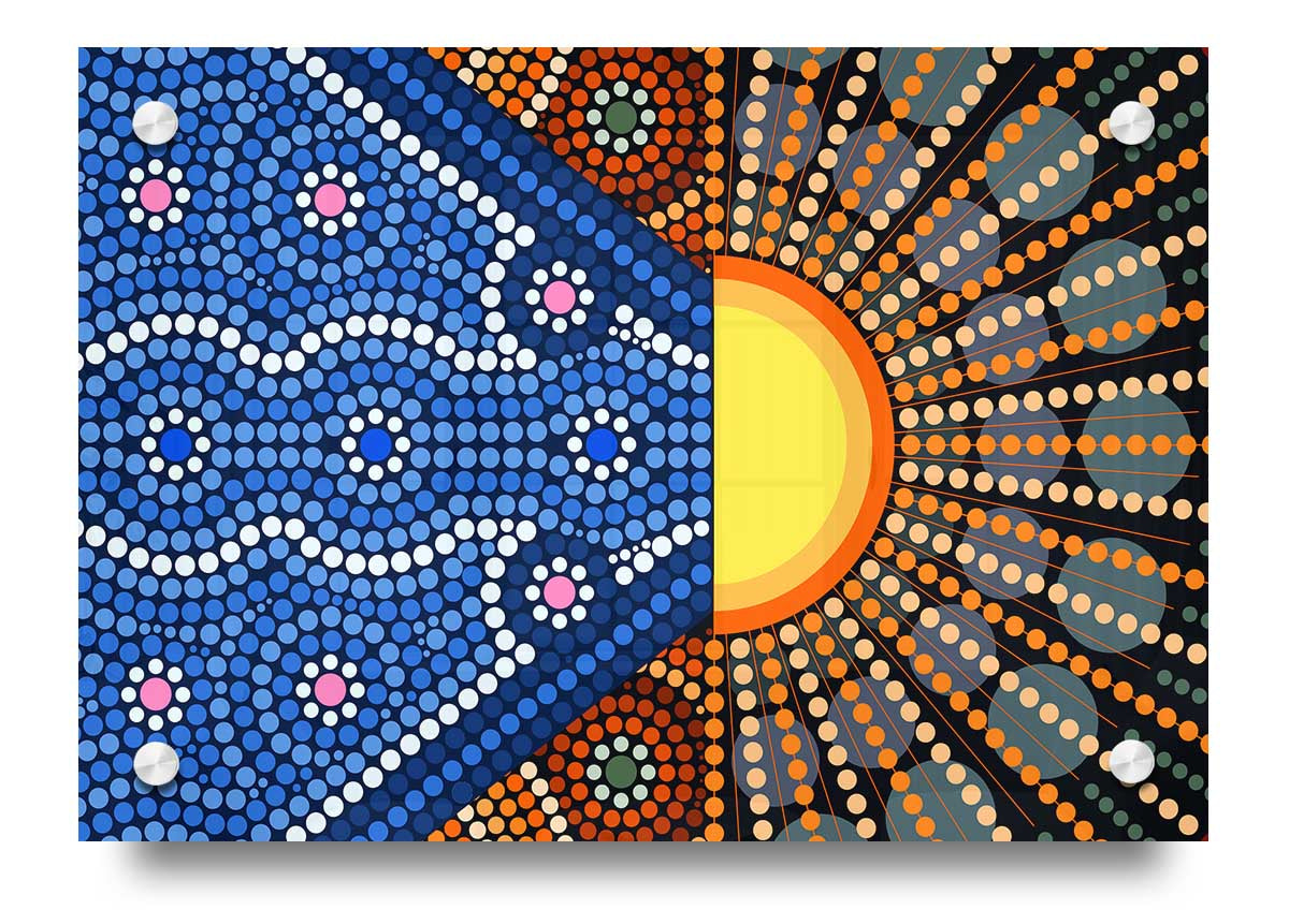 Acrylic print featuring Aboriginal Pattern 9 with vibrant colors and intricate designs, mounted on a wall.