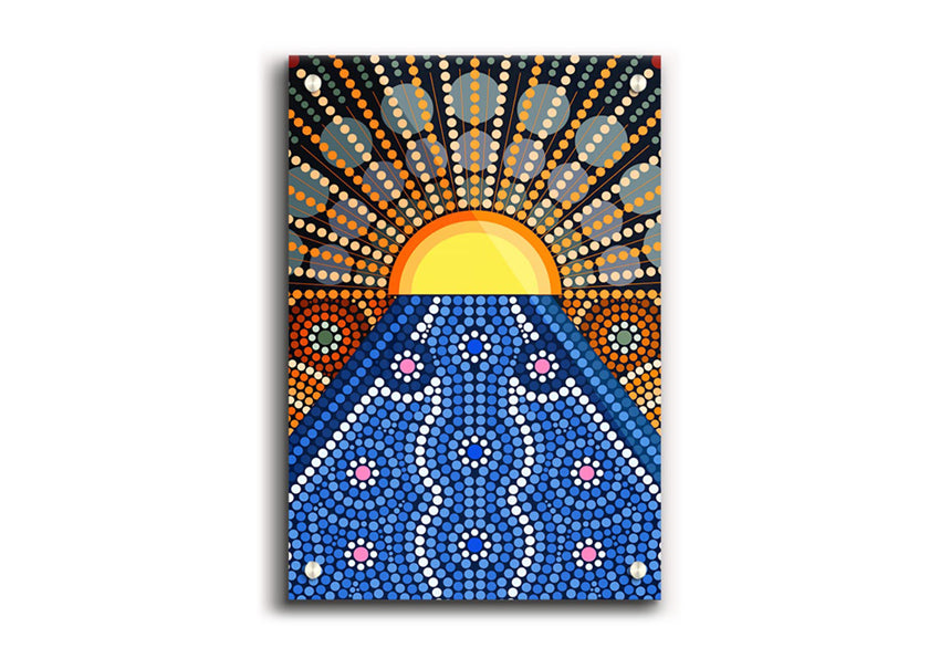 Acrylic print featuring Aboriginal Pattern 9 with vibrant colors and intricate designs, mounted on a wall.