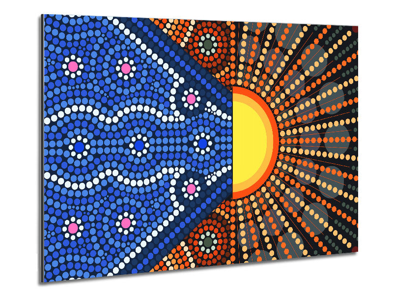 Aboriginal Pattern 9 artwork printed on brushed aluminium dibond, showcasing vibrant colors and intricate designs.