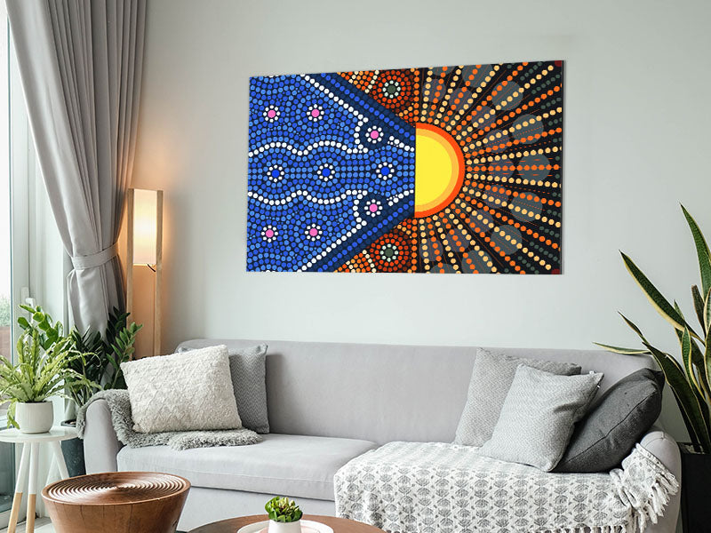 Aboriginal Pattern 9 artwork printed on brushed aluminium dibond, showcasing vibrant colors and intricate designs.