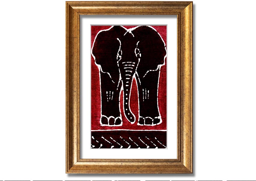 Framed print of an Aboriginal Red Elephant, showcasing vibrant colors and intricate design, ready to hang.