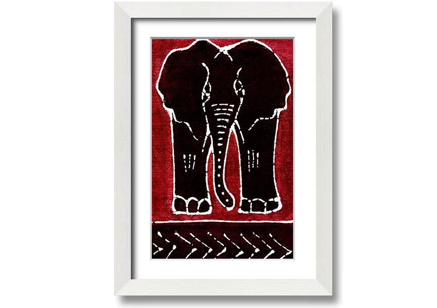 Framed print of an Aboriginal Red Elephant, showcasing vibrant colors and intricate design, ready to hang.