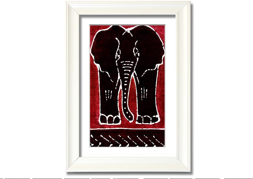 Framed print of an Aboriginal Red Elephant, showcasing vibrant colors and intricate design, ready to hang.