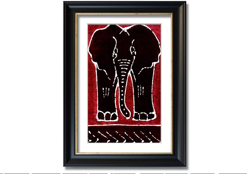 Framed print of an Aboriginal Red Elephant, showcasing vibrant colors and intricate design, ready to hang.