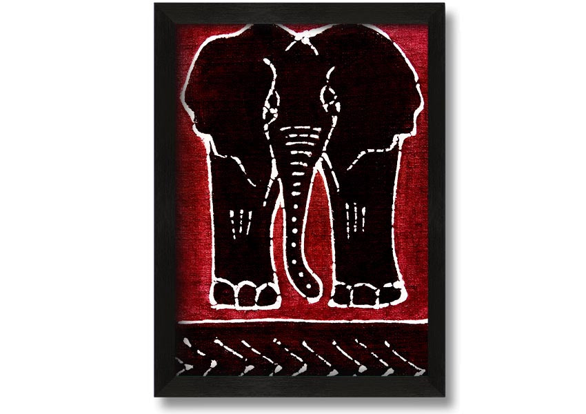 Framed print of an Aboriginal Red Elephant, showcasing vibrant colors and intricate design, ready to hang.