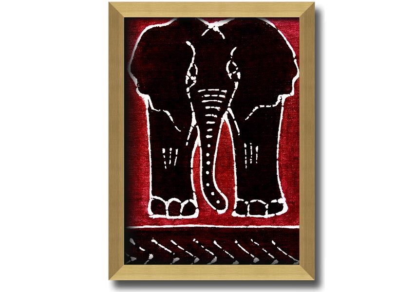 Framed print of an Aboriginal Red Elephant, showcasing vibrant colors and intricate design, ready to hang.