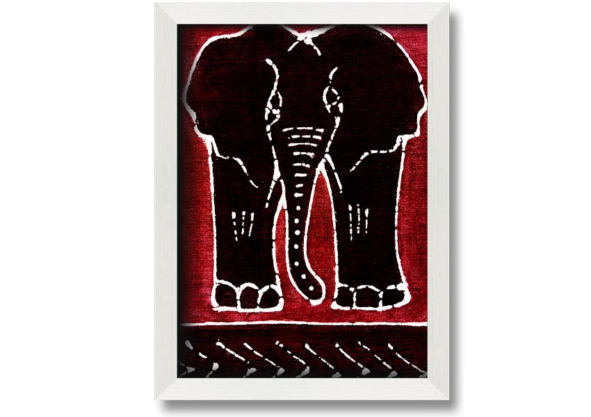 Framed print of an Aboriginal Red Elephant, showcasing vibrant colors and intricate design, ready to hang.