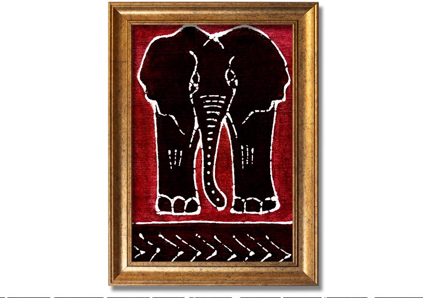 Framed print of an Aboriginal Red Elephant, showcasing vibrant colors and intricate design, ready to hang.