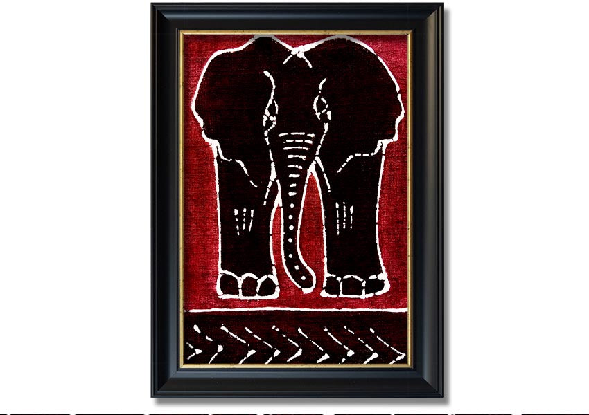 Framed print of an Aboriginal Red Elephant, showcasing vibrant colors and intricate design, ready to hang.