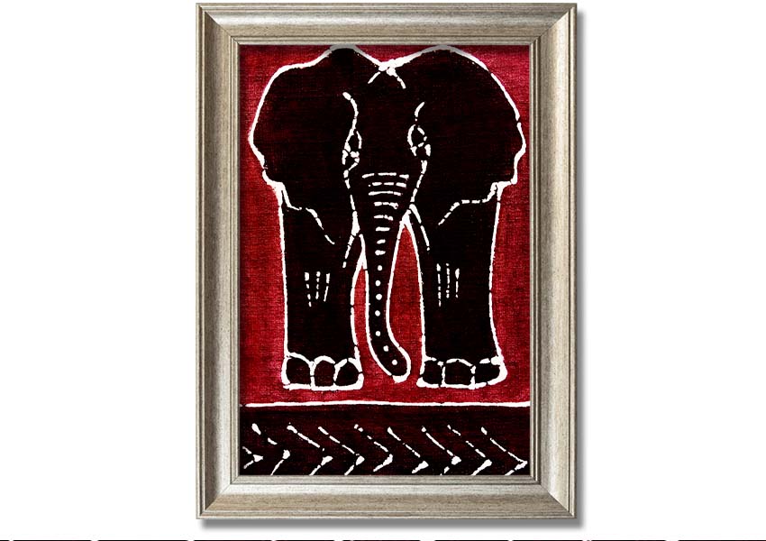 Framed print of an Aboriginal Red Elephant, showcasing vibrant colors and intricate design, ready to hang.