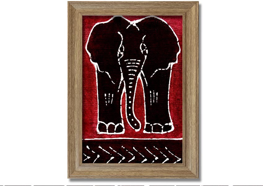 Framed print of an Aboriginal Red Elephant, showcasing vibrant colors and intricate design, ready to hang.