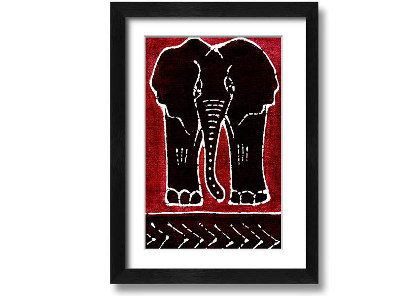 Framed print of an Aboriginal Red Elephant, showcasing vibrant colors and intricate design, ready to hang.