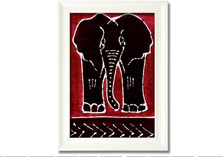 Framed print of an Aboriginal Red Elephant, showcasing vibrant colors and intricate design, ready to hang.