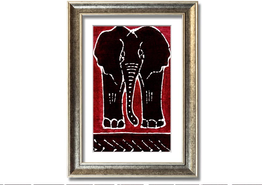 Framed print of an Aboriginal Red Elephant, showcasing vibrant colors and intricate design, ready to hang.