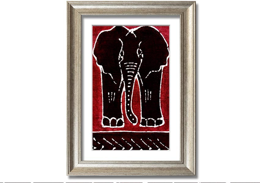 Framed print of an Aboriginal Red Elephant, showcasing vibrant colors and intricate design, ready to hang.