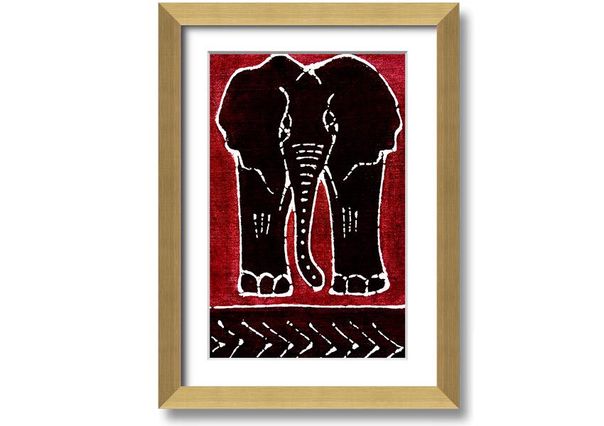 Framed print of an Aboriginal Red Elephant, showcasing vibrant colors and intricate design, ready to hang.