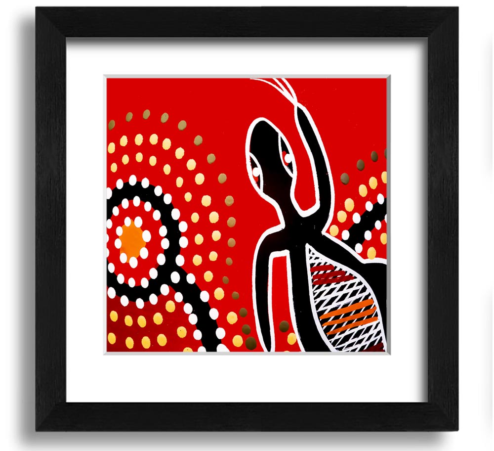 Framed print of Aboriginal Red Gecko Sun artwork, showcasing vibrant colors and intricate designs, ready to hang.