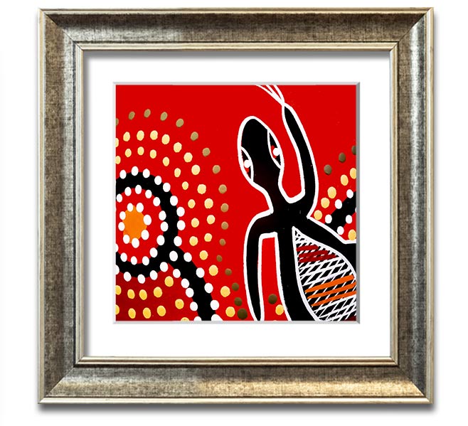 Framed print of Aboriginal Red Gecko Sun artwork, showcasing vibrant colors and intricate designs, ready to hang.