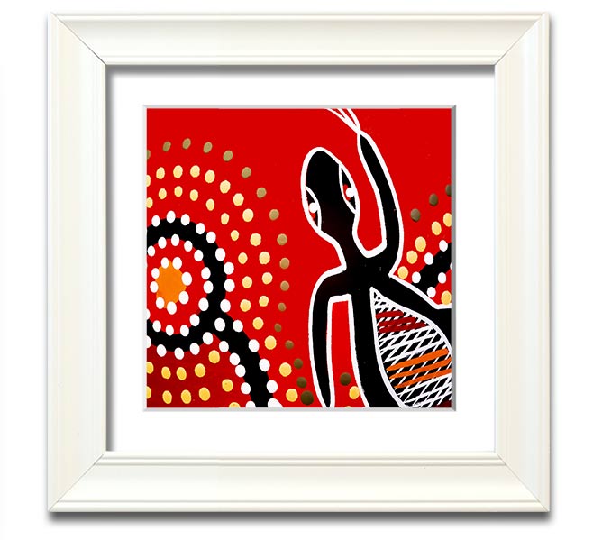 Framed print of Aboriginal Red Gecko Sun artwork, showcasing vibrant colors and intricate designs, ready to hang.