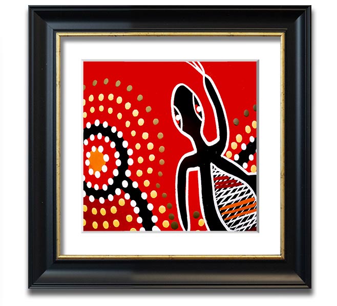 Framed print of Aboriginal Red Gecko Sun artwork, showcasing vibrant colors and intricate designs, ready to hang.