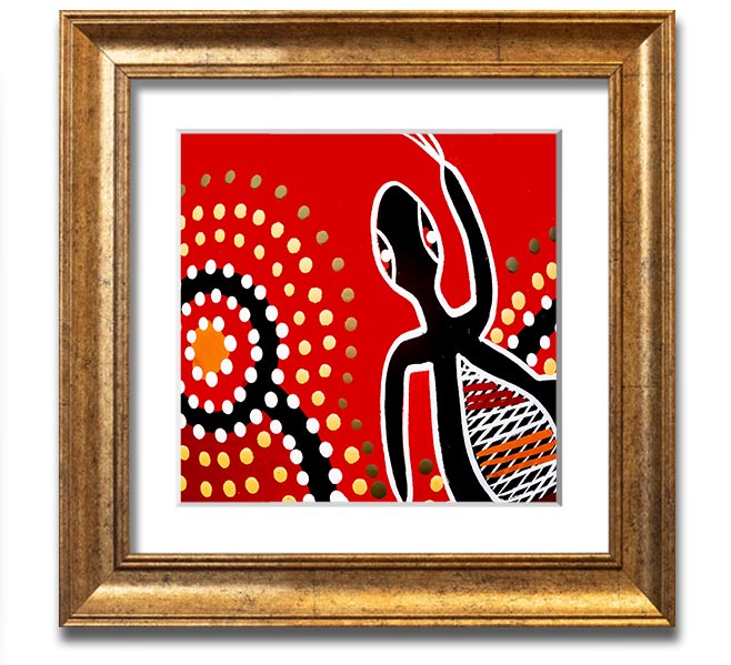 Framed print of Aboriginal Red Gecko Sun artwork, showcasing vibrant colors and intricate designs, ready to hang.