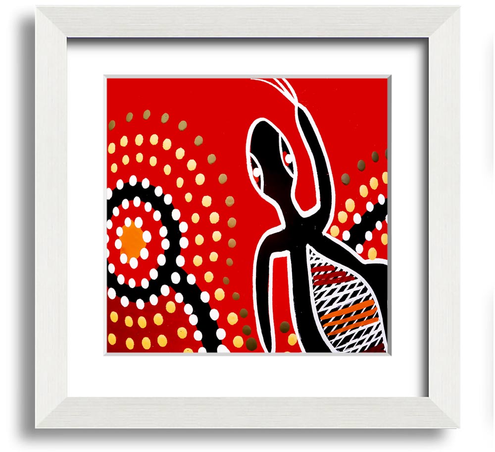 Framed print of Aboriginal Red Gecko Sun artwork, showcasing vibrant colors and intricate designs, ready to hang.