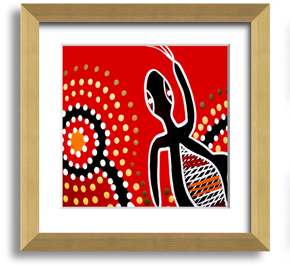 Framed print of Aboriginal Red Gecko Sun artwork, showcasing vibrant colors and intricate designs, ready to hang.