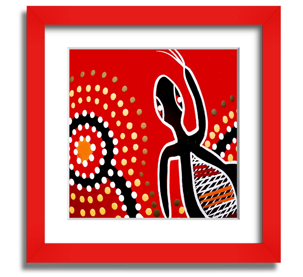 Framed print of Aboriginal Red Gecko Sun artwork, showcasing vibrant colors and intricate designs, ready to hang.