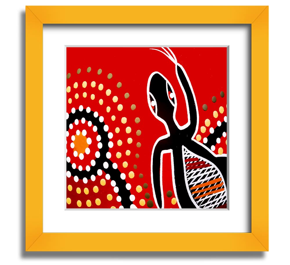 Framed print of Aboriginal Red Gecko Sun artwork, showcasing vibrant colors and intricate designs, ready to hang.