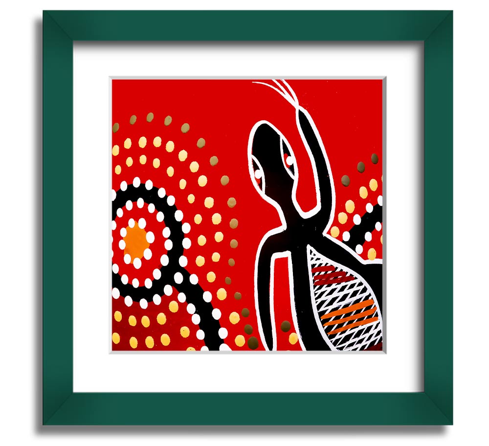 Framed print of Aboriginal Red Gecko Sun artwork, showcasing vibrant colors and intricate designs, ready to hang.