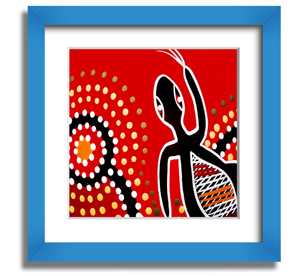 Framed print of Aboriginal Red Gecko Sun artwork, showcasing vibrant colors and intricate designs, ready to hang.