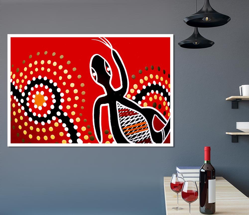 Vibrant Aboriginal Red Gecko Sun poster on high-quality canvas, showcasing intricate designs and colors.