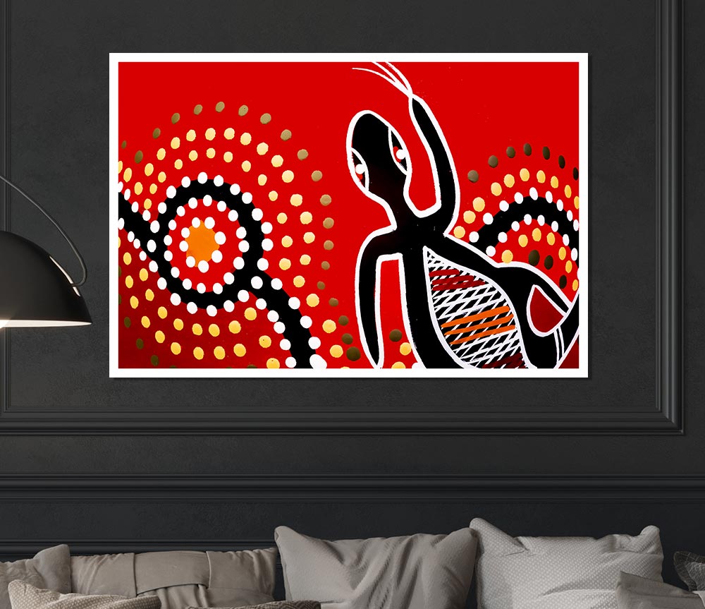 Vibrant Aboriginal Red Gecko Sun poster on high-quality canvas, showcasing intricate designs and colors.