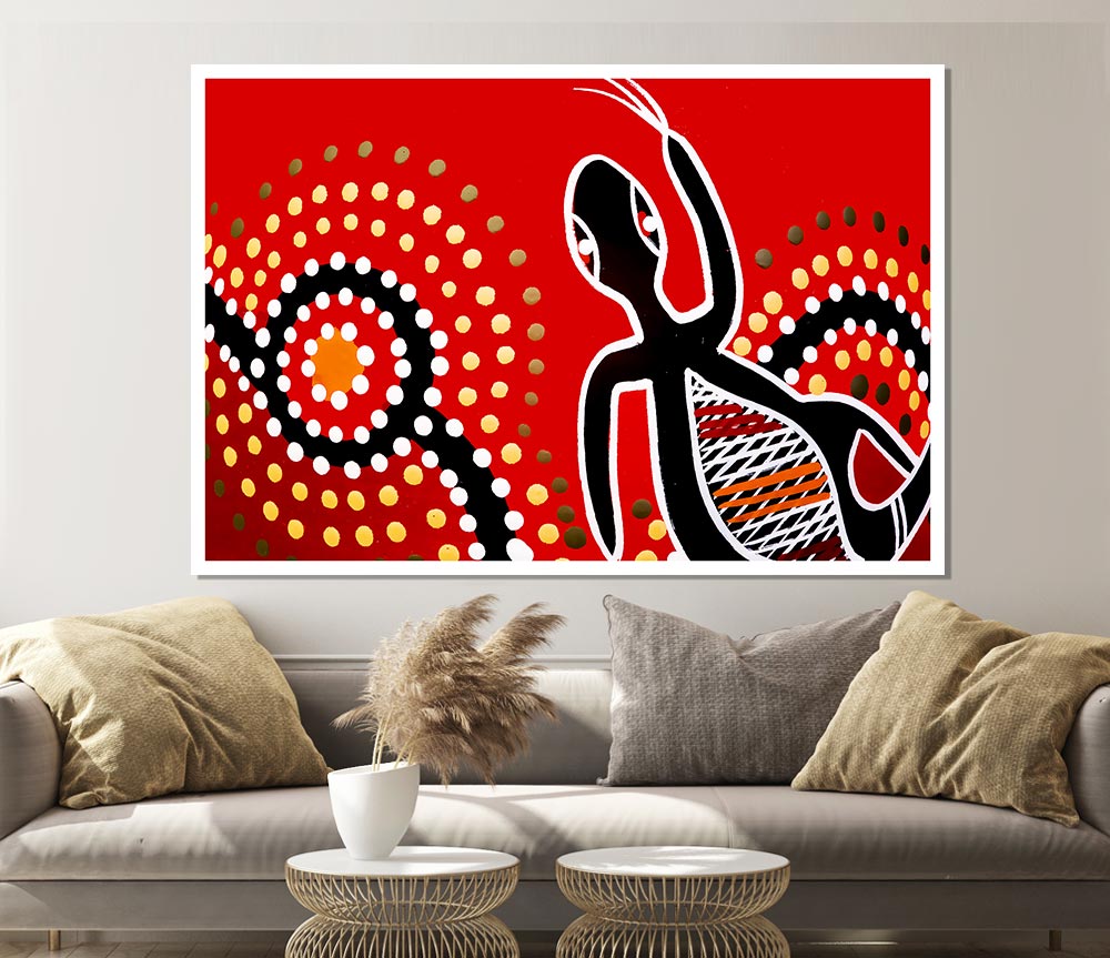 Vibrant Aboriginal Red Gecko Sun poster on high-quality canvas, showcasing intricate designs and colors.