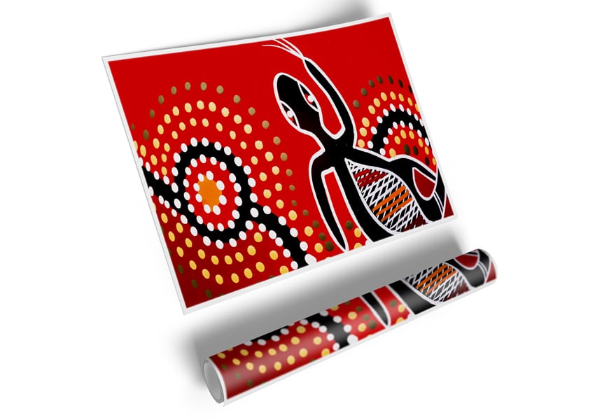 Vibrant Aboriginal Red Gecko Sun poster on high-quality canvas, showcasing intricate designs and colors.