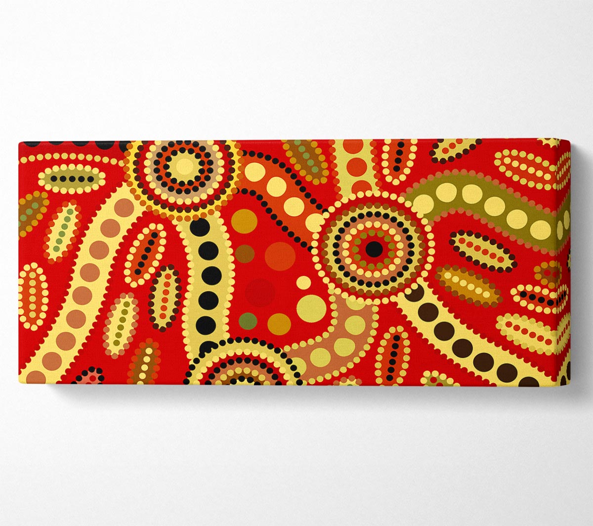 Vibrant Aboriginal Red Tribal canvas art mounted on a box frame, showcasing intricate patterns and colors.