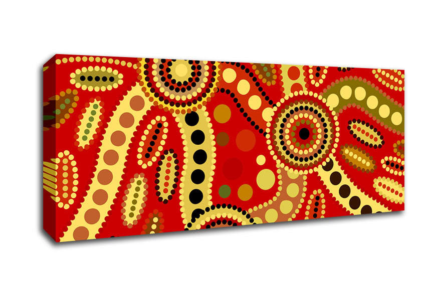 Vibrant Aboriginal Red Tribal canvas art mounted on a box frame, showcasing intricate patterns and colors.